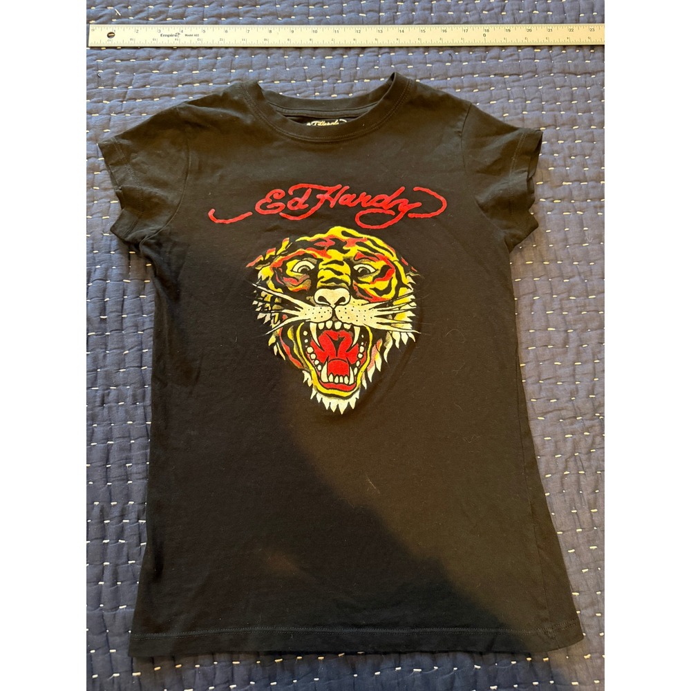 Vintage Y2K Don Ed Hardy Black Tiger Baby Tee - Pristine Graphic Size S